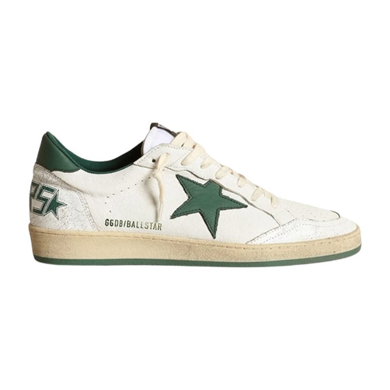 Golden Goose Ball Star White and Green Lace-Up Sneakers