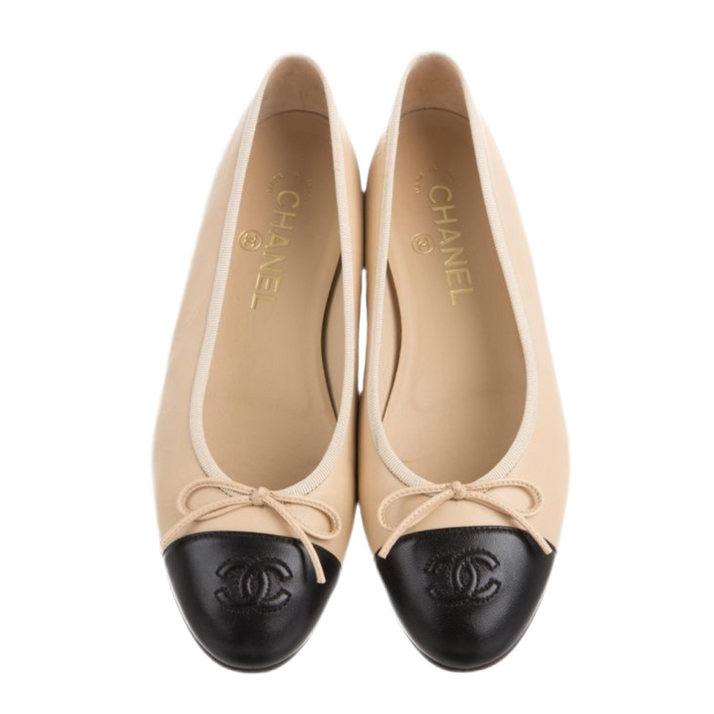 Chanel Beige/Black Leather CC Bow Cap Toe Ballet Flats
