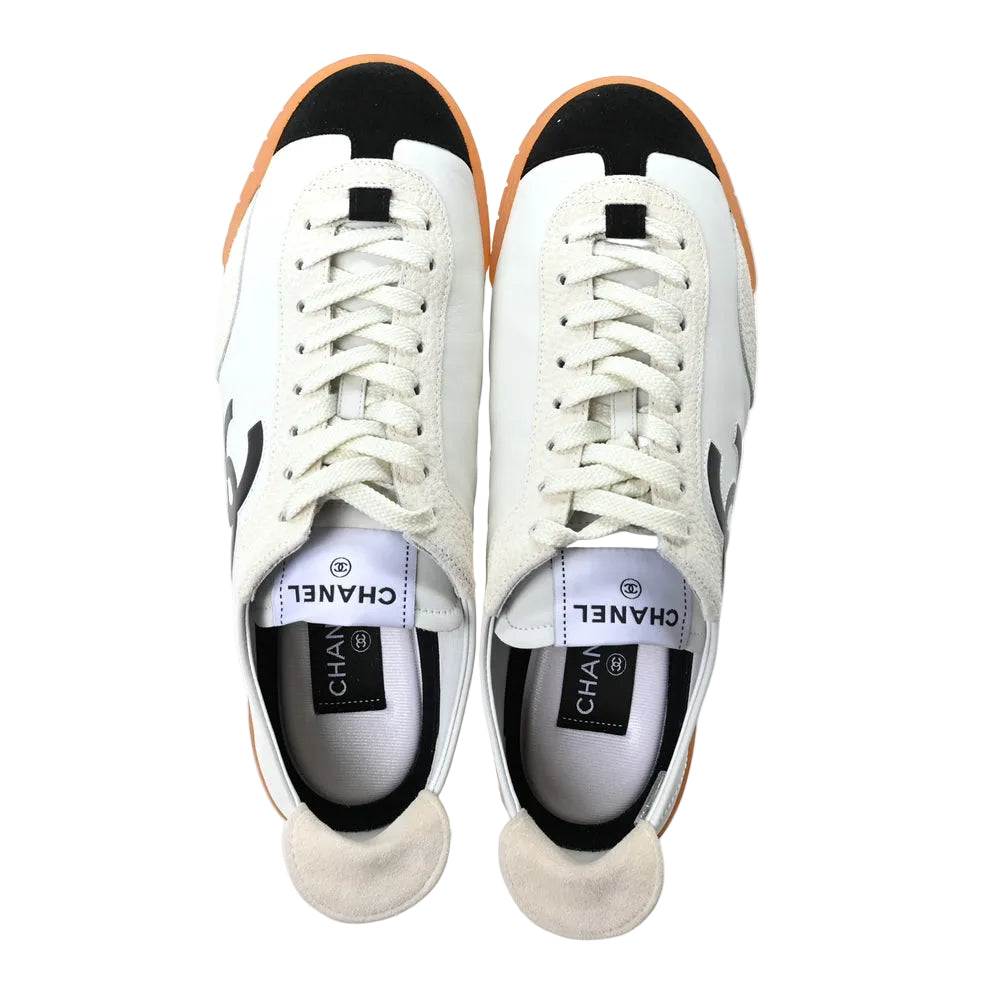 Chanel Calfskin Embossed Suede Womens CC Sneakers White Black