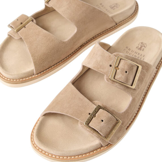 Brunello Cucinelli Double-Buckle Suede Sandals Neutrals