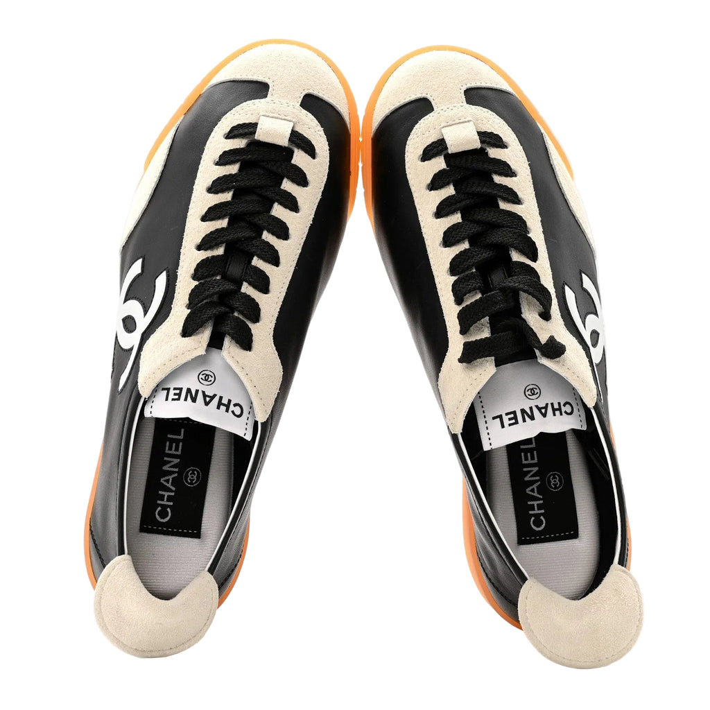 Chanel Calfskin Embossed Suede Womens CC Sneakers  White Black