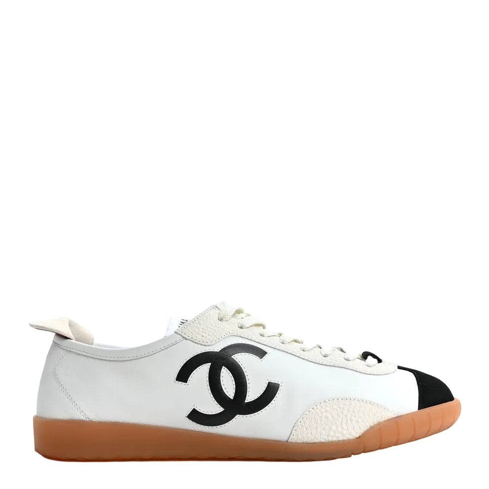 Chanel Calfskin Embossed Suede Womens CC Sneakers White Black