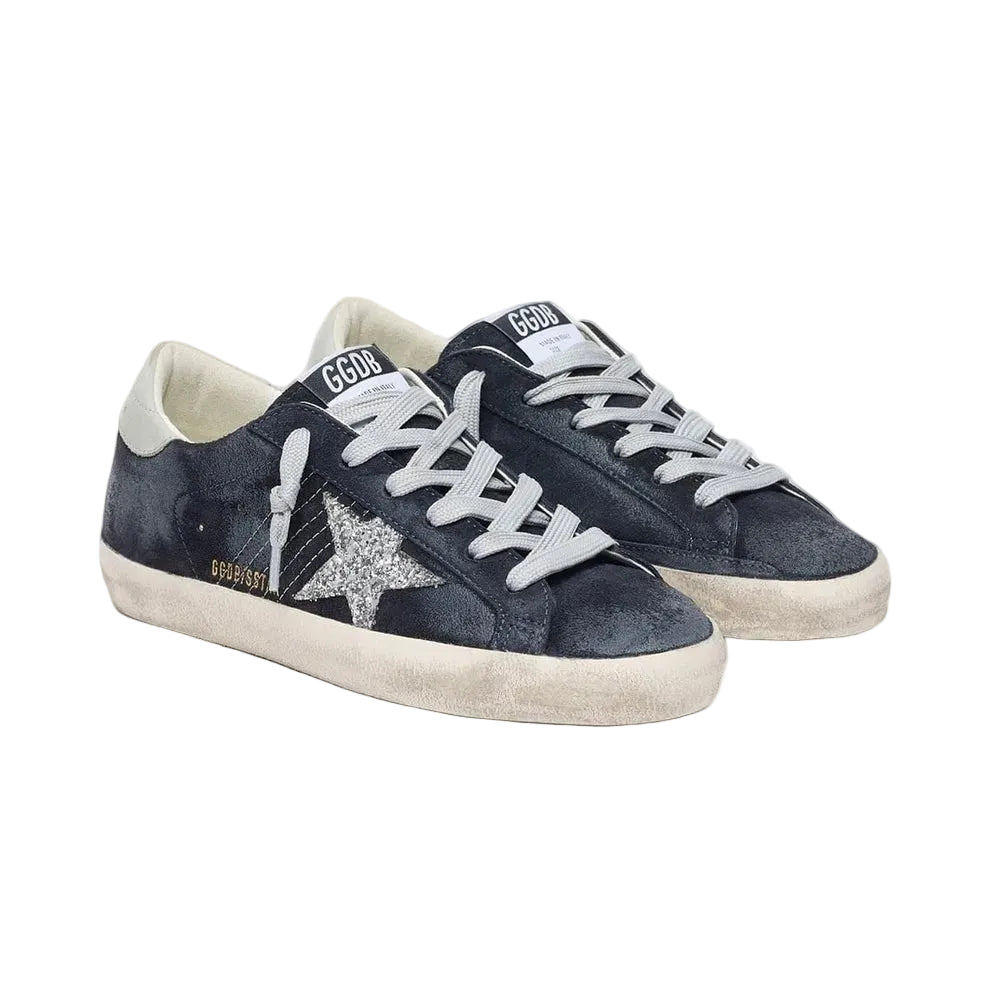 Golden Goose Super-Star in blue suede with silver glitter star and leather heel tab(Women's)