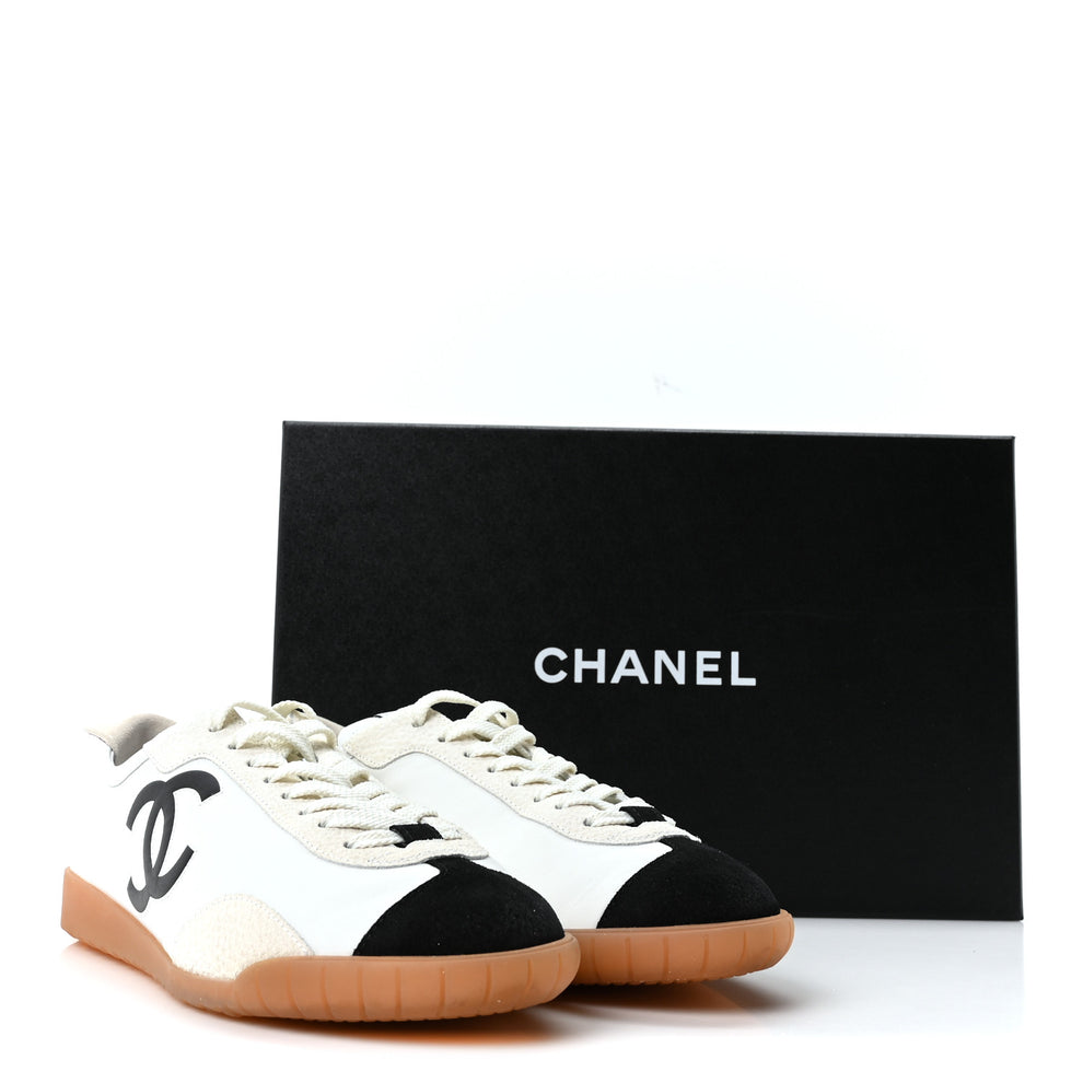 Chanel Calfskin Embossed Suede Womens CC Sneakers White Black
