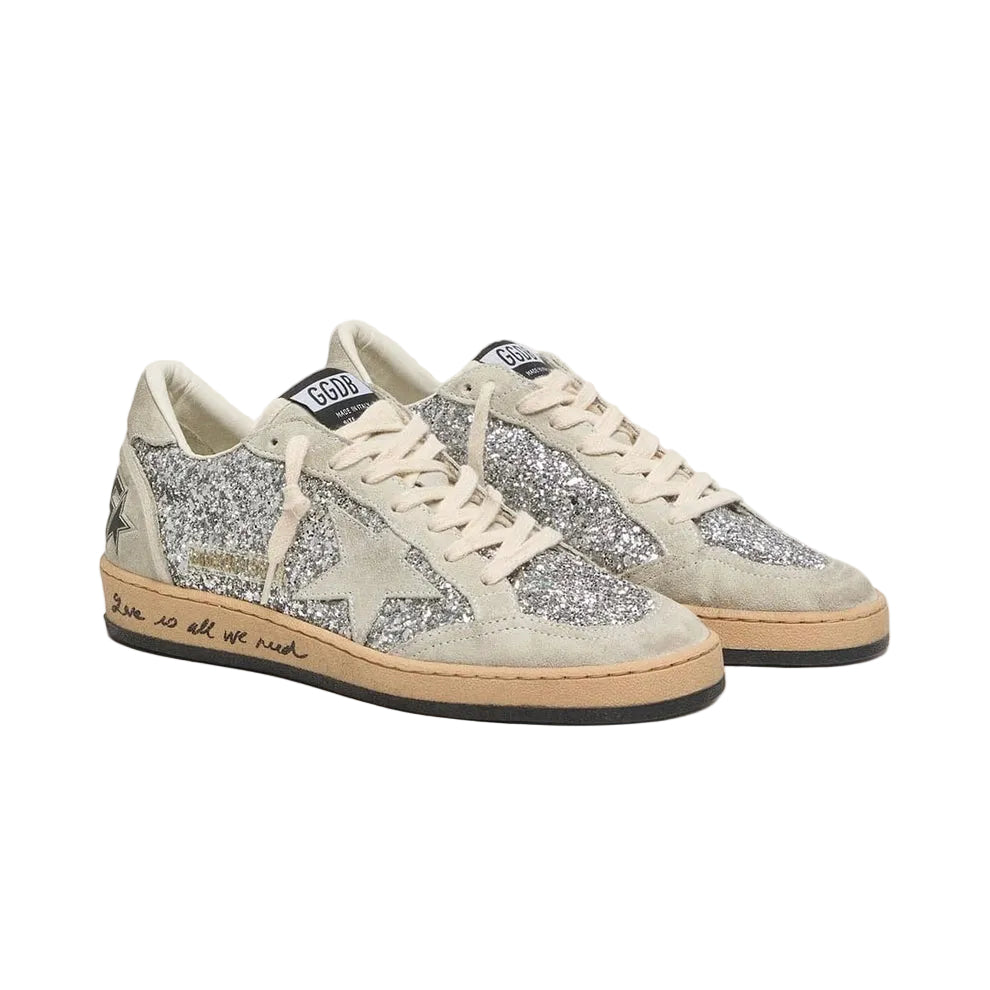 Golden Goose Ball Star in silver glitter with ice-gray suede inserts(women)