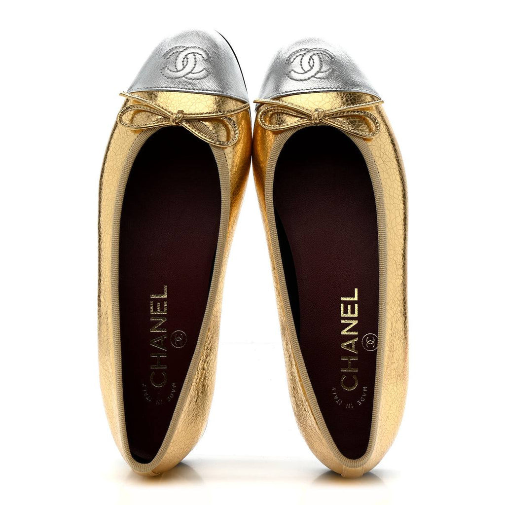 Chanel crackled laminated Calfskin Cc Cap Toe Ballerina Flats