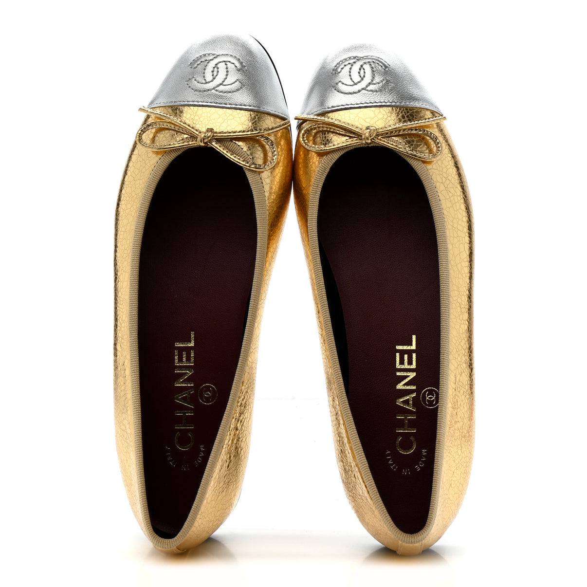 Chanel crackled laminated Calfskin Cc Cap Toe Ballerina Flats