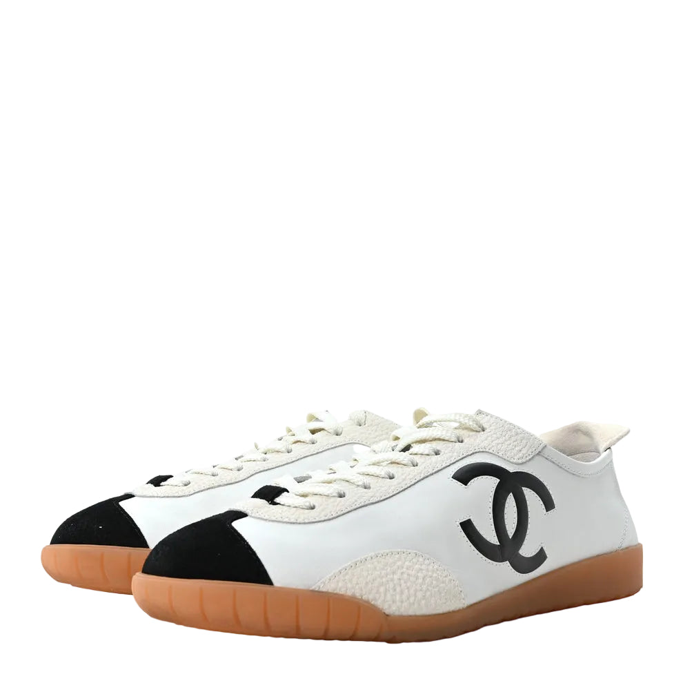 Chanel Calfskin Embossed Suede Womens CC Sneakers White Black