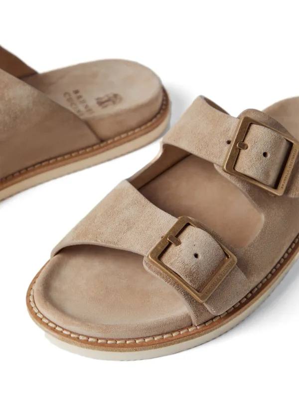 Brunello Cucinelli Double-Buckle Suede Sandals Neutrals