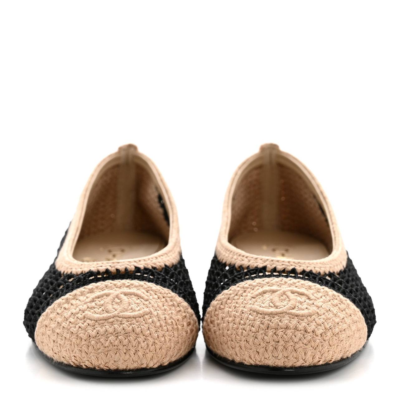 Chanel Raffia Cap Toe Ballerina Flats Black Beige