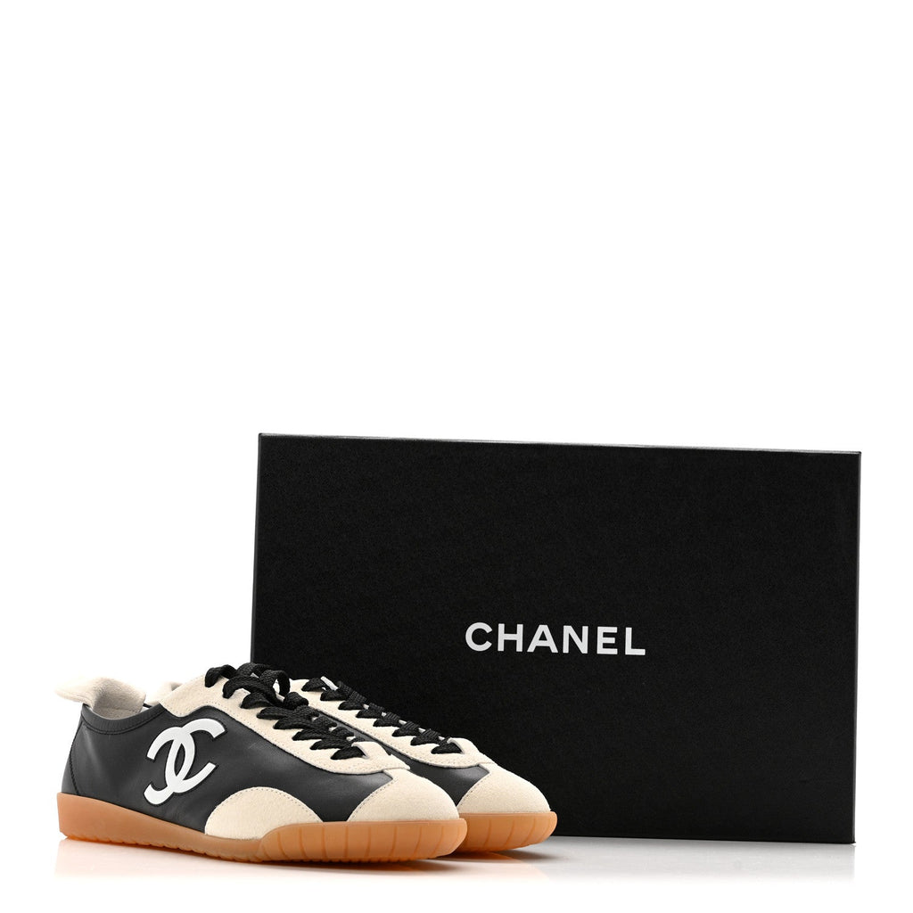 Chanel Calfskin Embossed Suede Womens CC Sneakers  White Black