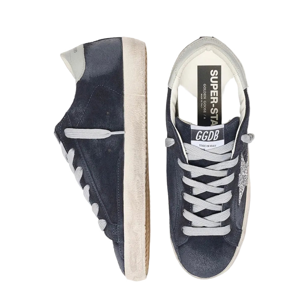 Golden Goose Super-Star in blue suede with silver glitter star and leather heel tab(Women's)