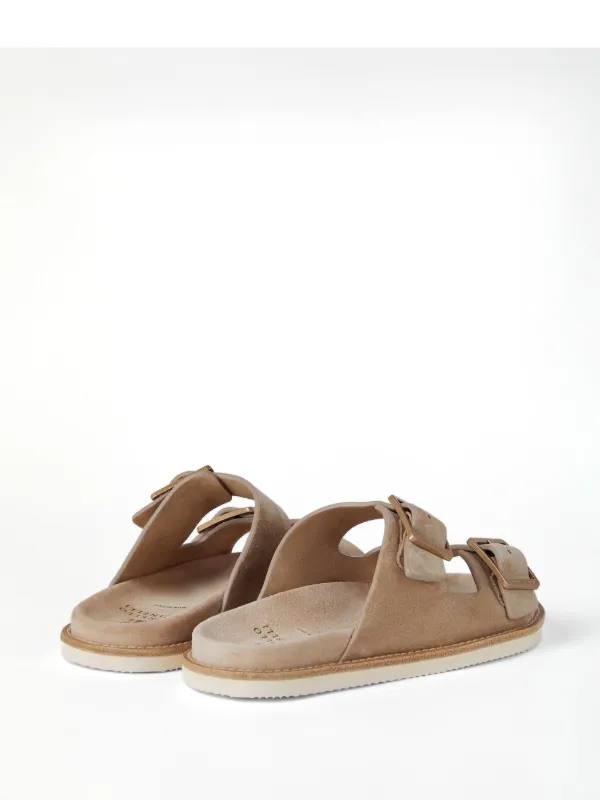 Brunello Cucinelli Double-Buckle Suede Sandals Neutrals
