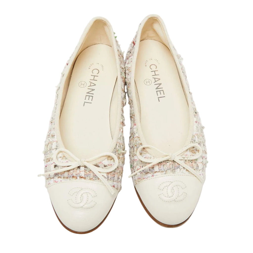 Chanel Off White Tweed and Leather CC Cap Toe Bow Ballet Flats