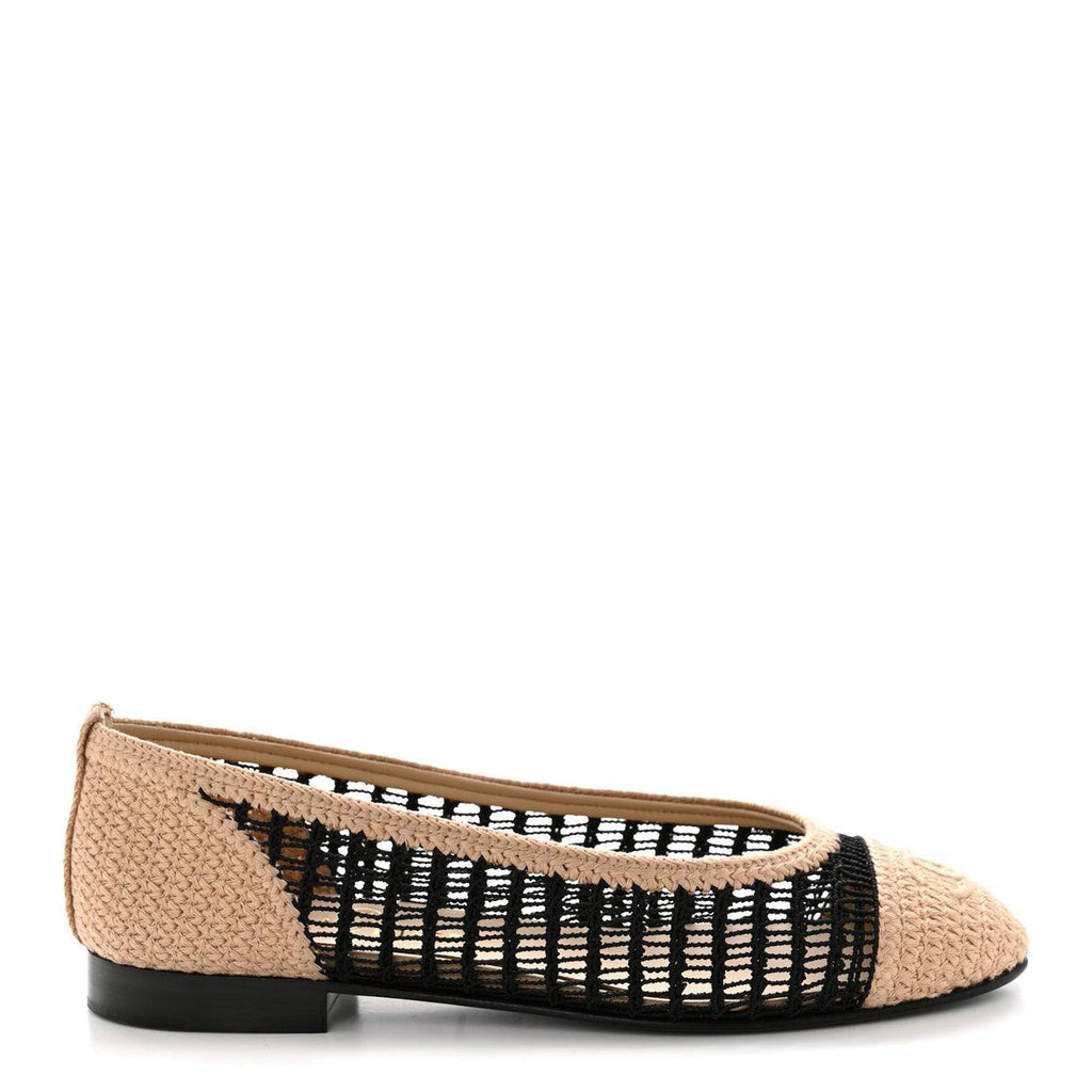 Chanel Raffia Cap Toe Ballerina Flats Black Beige