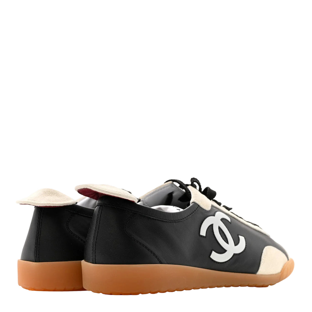 Chanel Calfskin Embossed Suede Womens CC Sneakers  White Black