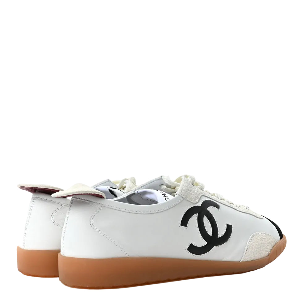 Chanel Calfskin Embossed Suede Womens CC Sneakers White Black