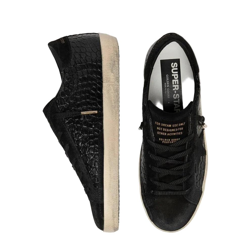 Golden Goose Super-Star LTD in black croc-print leather with black suede star and heel tab(Women's)
