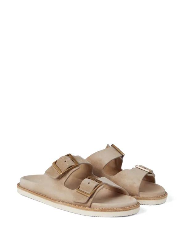 Brunello Cucinelli Double-Buckle Suede Sandals Neutrals