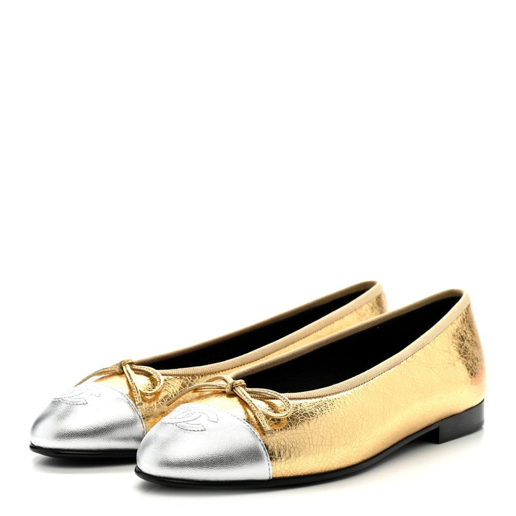 Chanel crackled laminated Calfskin Cc Cap Toe Ballerina Flats