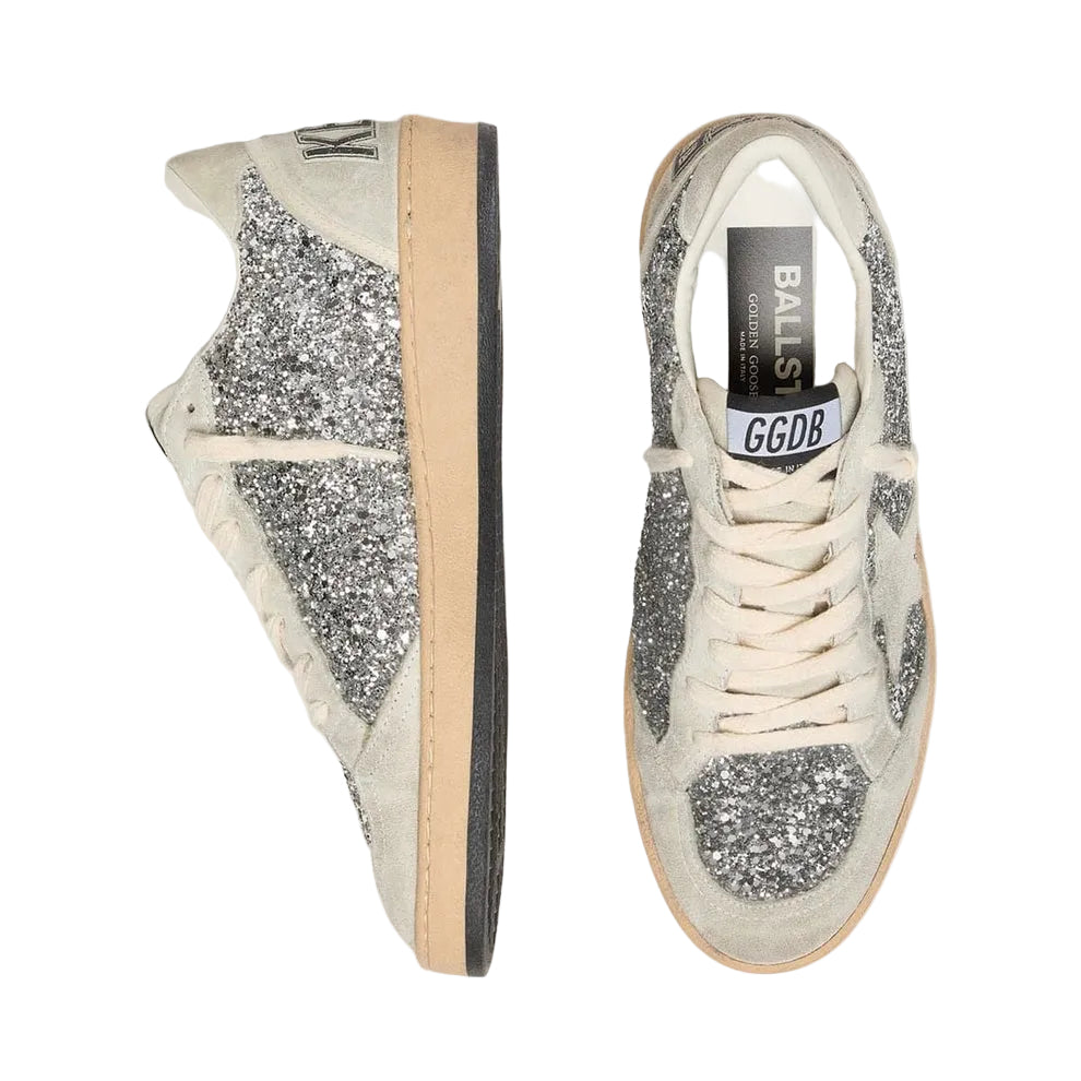 Golden Goose Ball Star in silver glitter with ice-gray suede inserts(women)