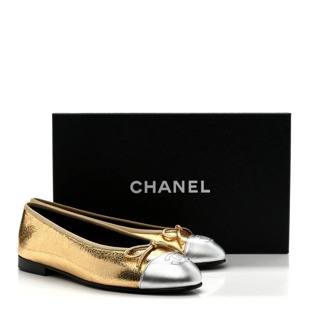 Chanel crackled laminated Calfskin Cc Cap Toe Ballerina Flats