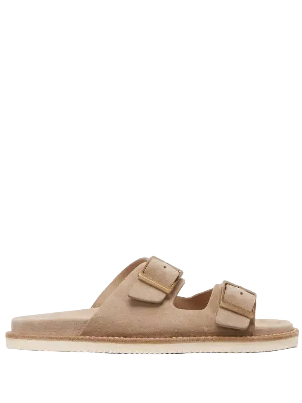 Brunello Cucinelli Double-Buckle Suede Sandals Neutrals