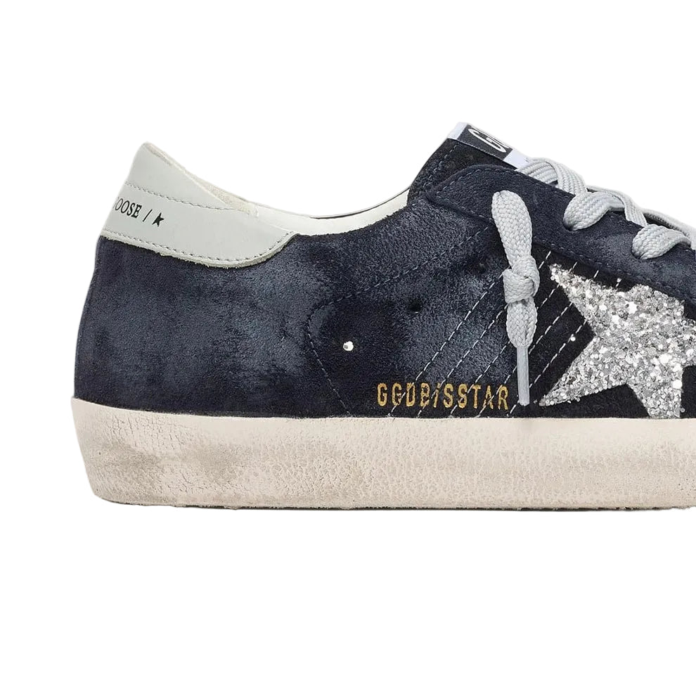 Golden Goose Super-Star in blue suede with silver glitter star and leather heel tab(Women's)