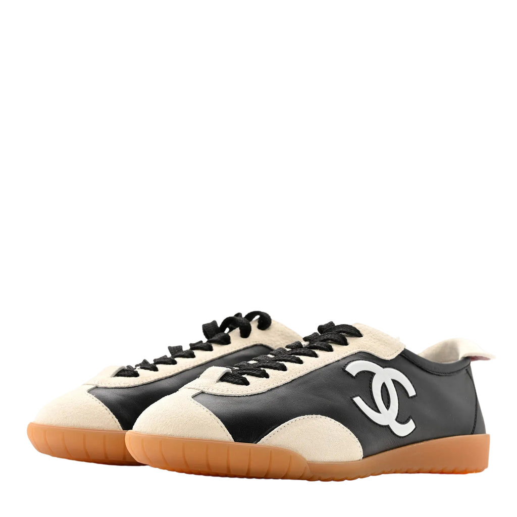 Chanel Calfskin Embossed Suede Womens CC Sneakers  White Black
