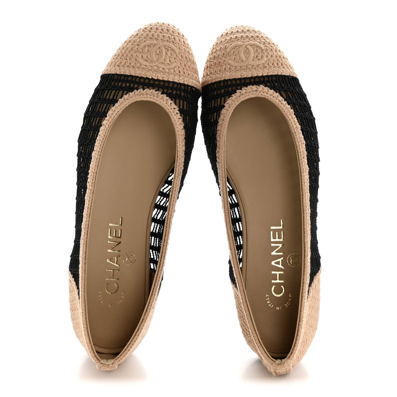 Chanel Raffia Cap Toe Ballerina Flats Black Beige